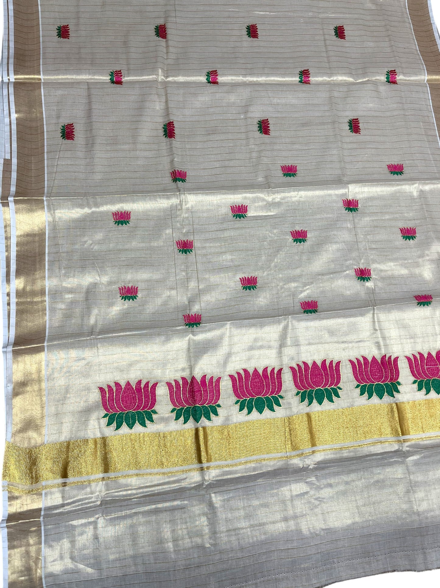 Southloom Kerala Tissue Lines Kasavu Saree with Dark Pink And Green Lotus Embroidery Works