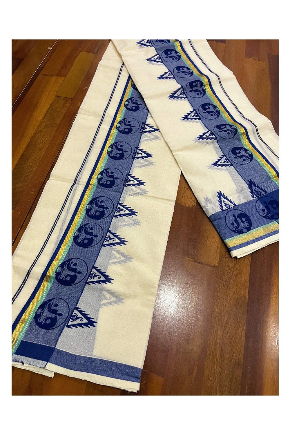 Kerala Cotton Kasavu Mundum Neriyathum Single (Set Mundu) with Blue Block Printed Border