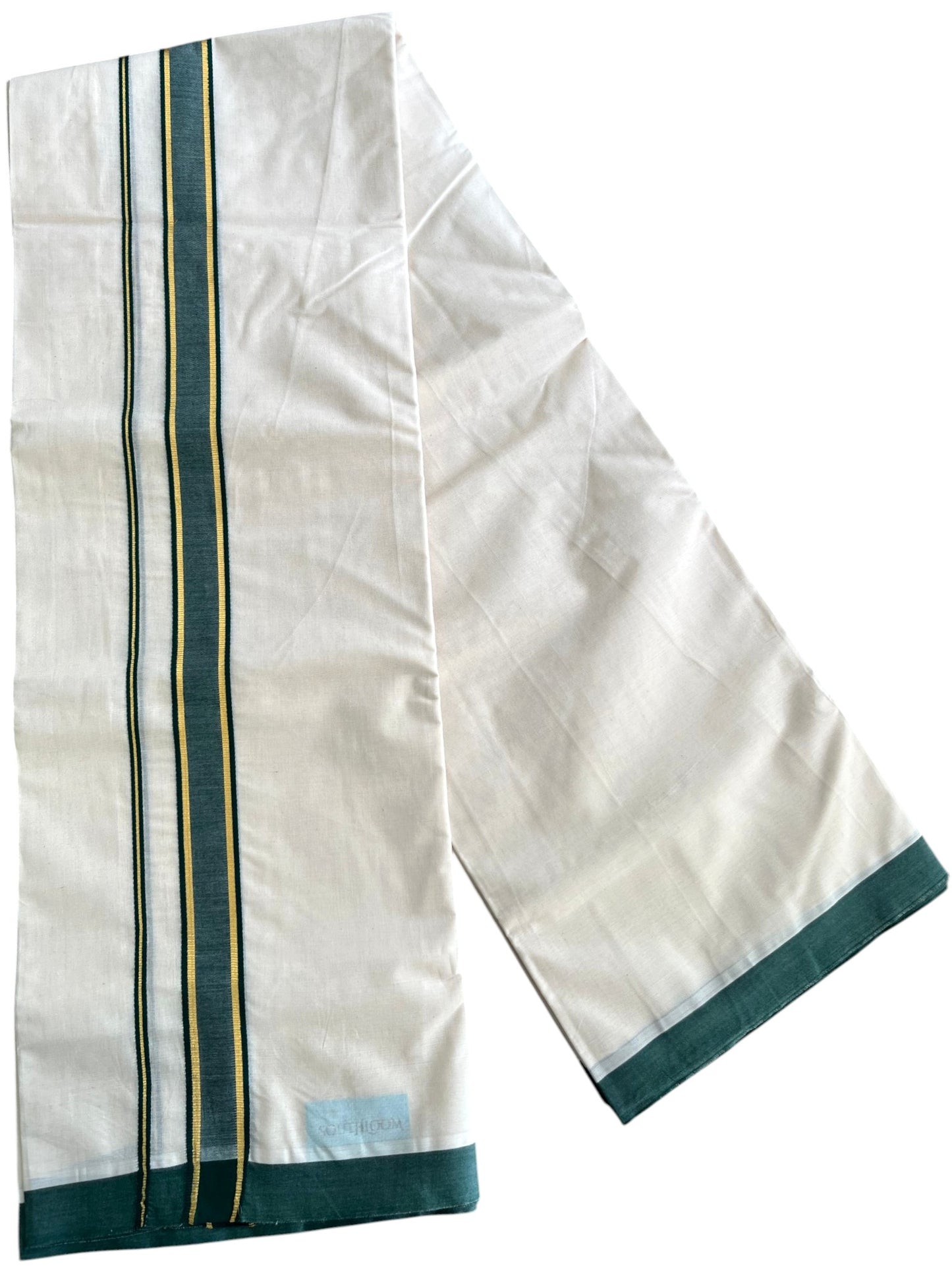 Southloom Pure Cotton Mundu with Golden Lines and Green Border (South Indian Kerala Dhoti)