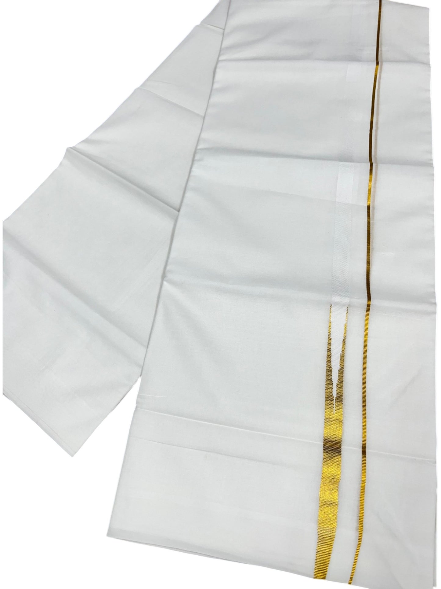 Southloom Pure White Cotton Double Mundu with Gold Chuttikara and White Border (South Indian Dhoti)