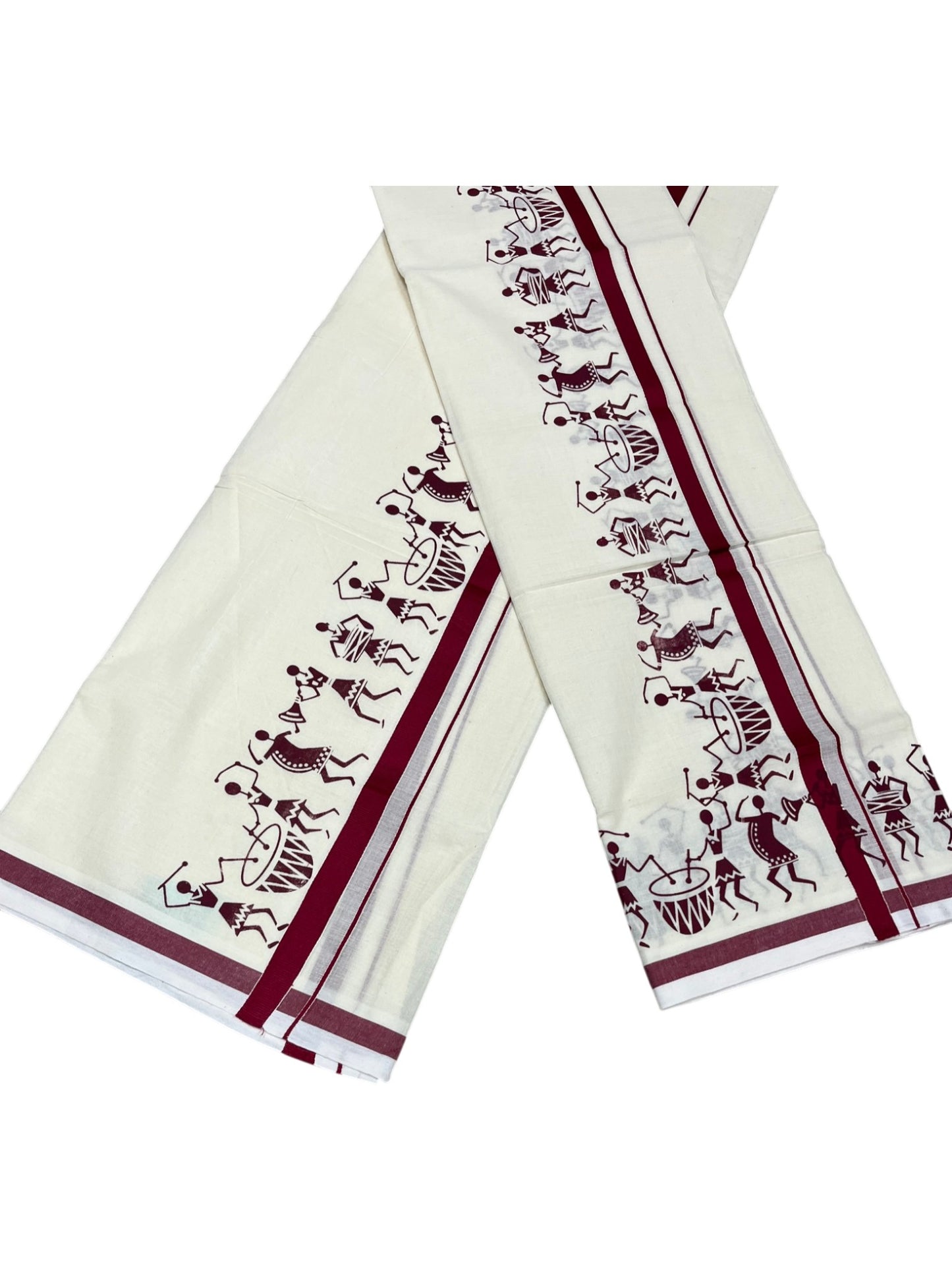 Southloom Pure Cotton Kerala Single Warly Print Set Mundu (Mundum Neriyathum) Maroon Border in 2.50 mtrs SL246