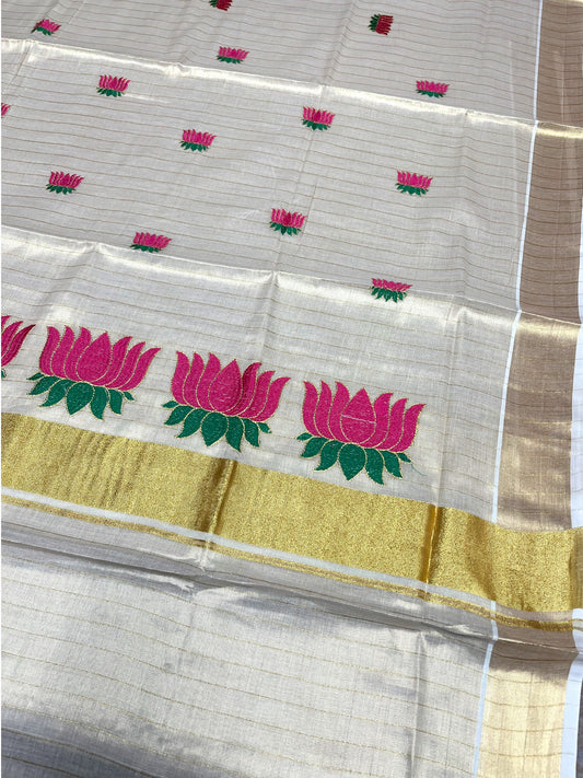 Southloom Kerala Tissue Lines Kasavu Saree with Dark Pink And Green Lotus Embroidery Works