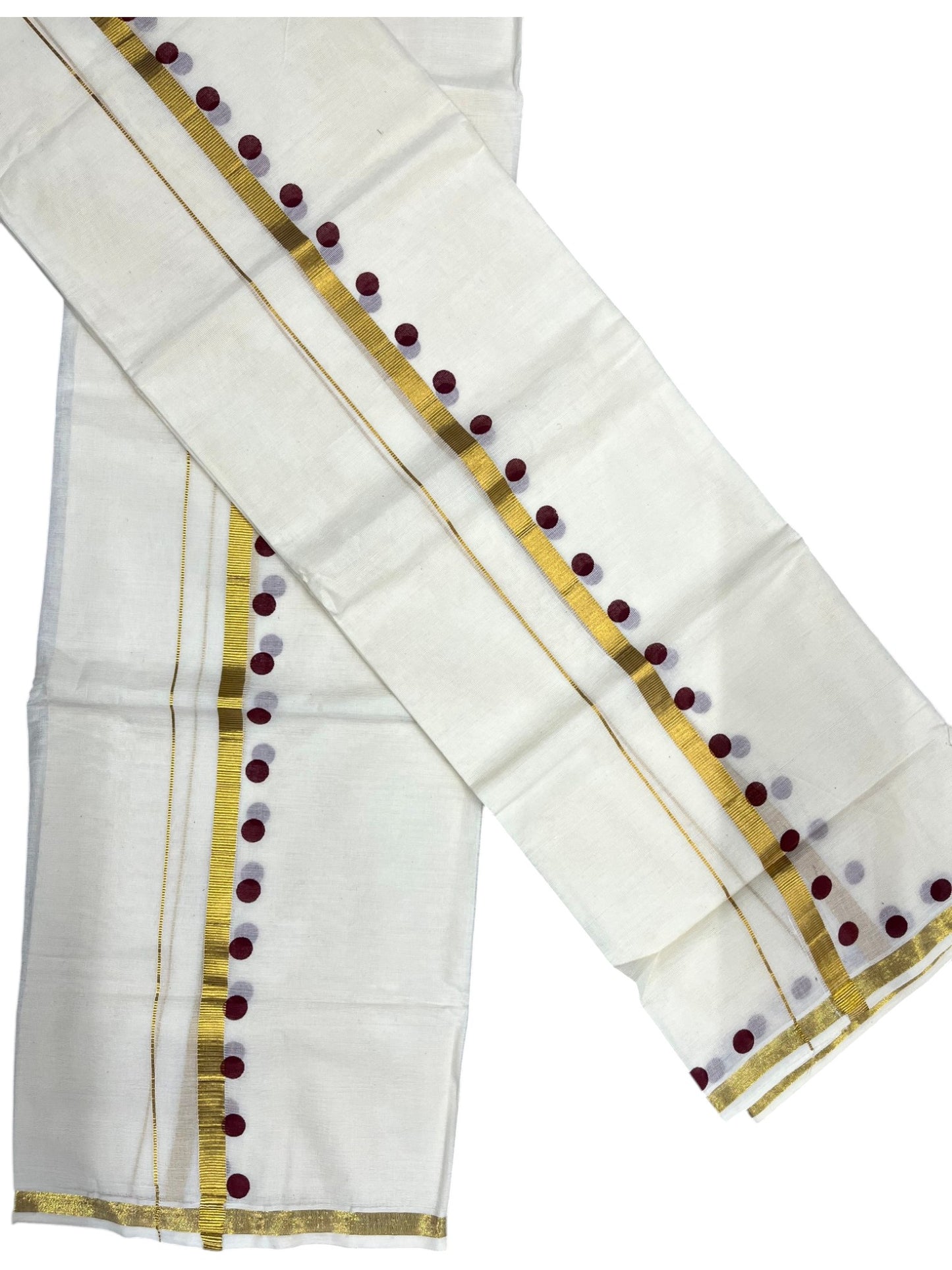 Southloom Pure Cotton Kerala Single Set Mundu (Mundum Neriyathum) with Polka Dots in Maroon 2.80 Mtrs