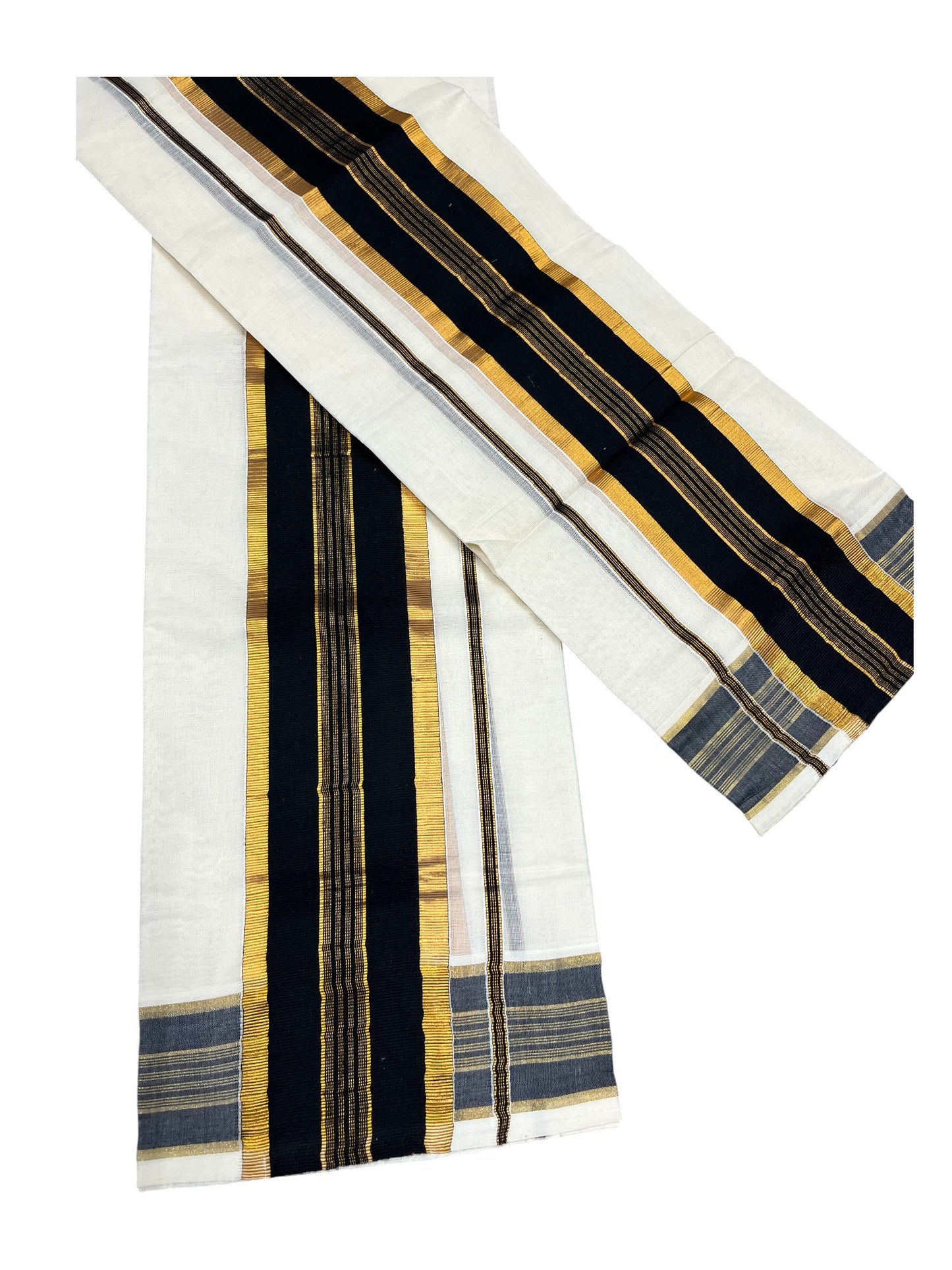 Kerala Cotton Set Mundu (Mundum Neriyathum) with Kasavu and Black Border in 2.80 Mtrs