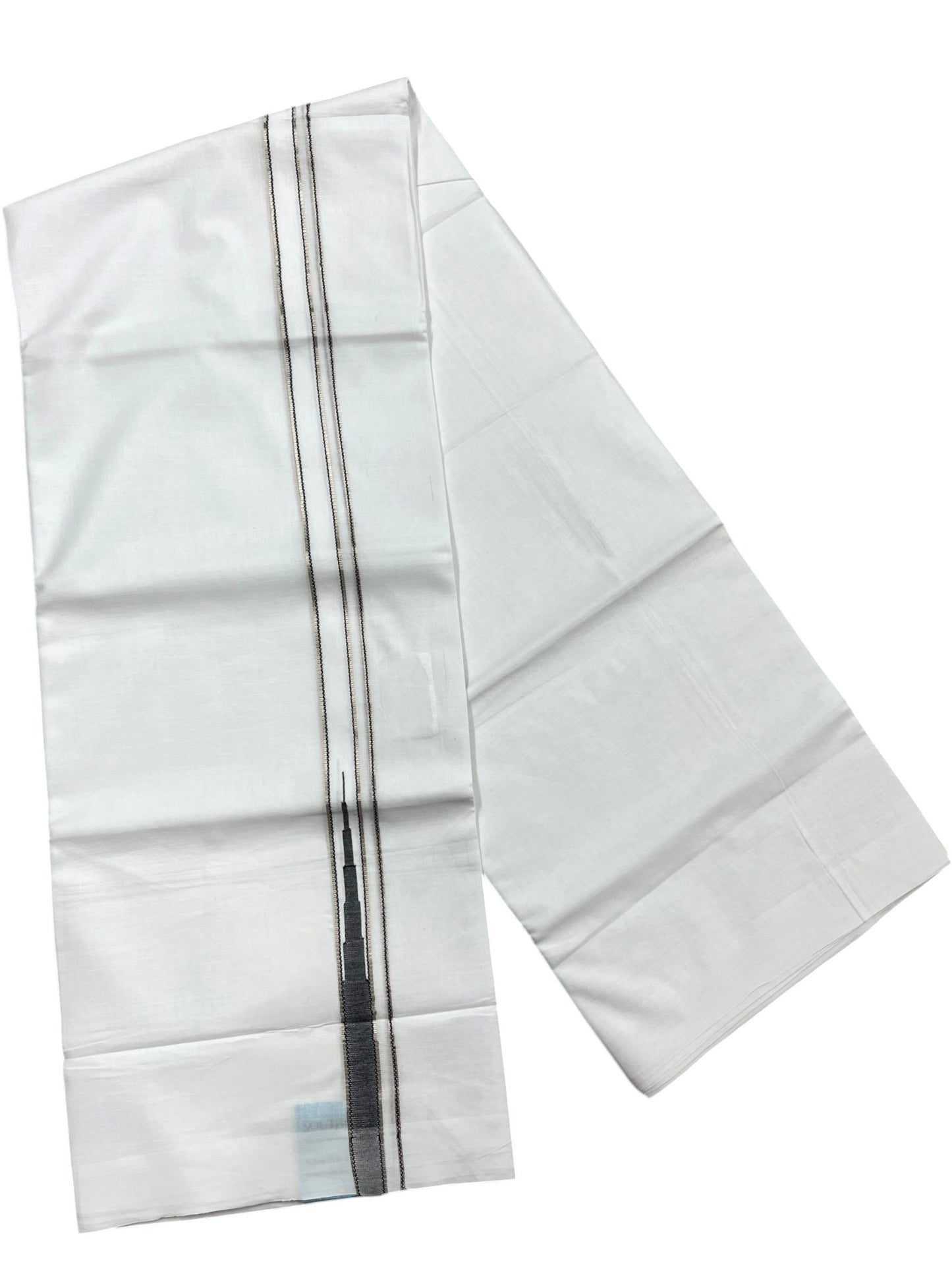 Southloom Pure White Cotton Double Mundu with Silver and Black Chutti Kara (South Indian Dhoti)