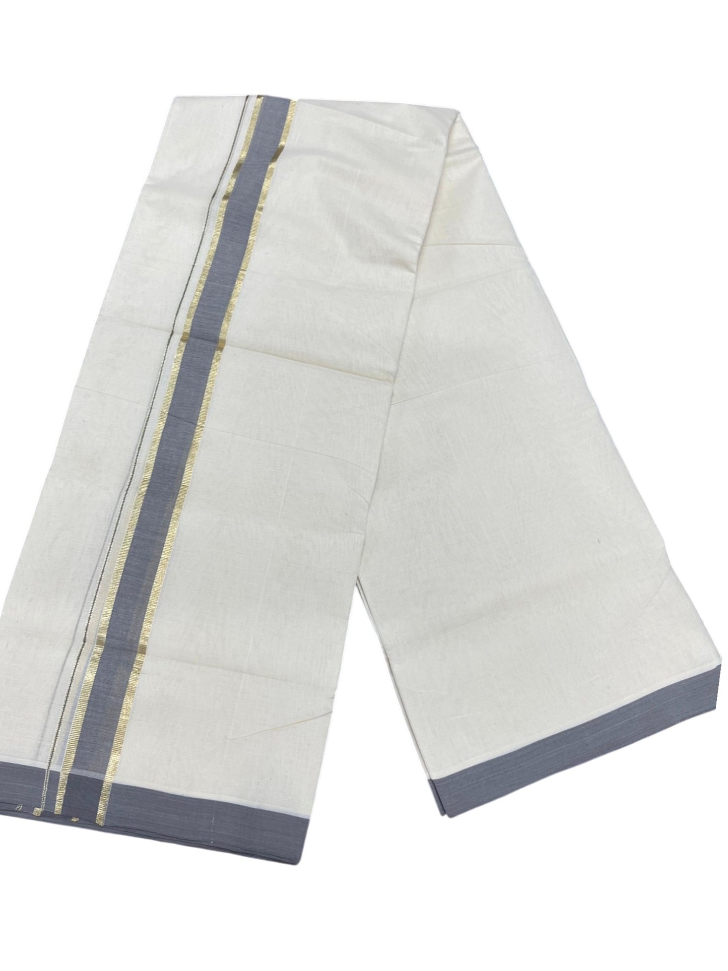 Southloom Balaramapuram Premium Handloom Cotton Double Mundu with Gold Kasavu and Grey Border