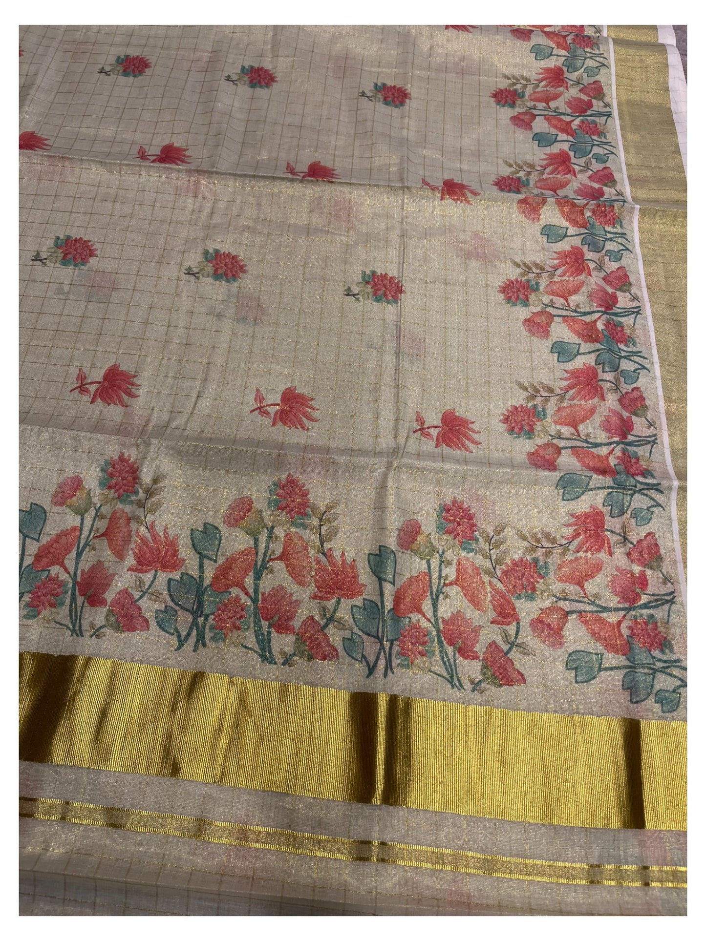 Southloom Tissue Check Kalamkari Print Kasavu Saree