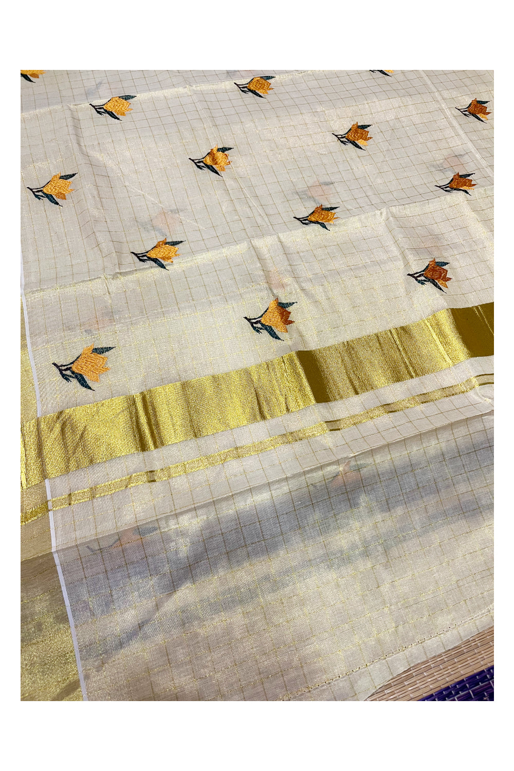 Southloom Kerala Tissue Kasavu Check Saree with Yellow Floral Embroidery Works on Body