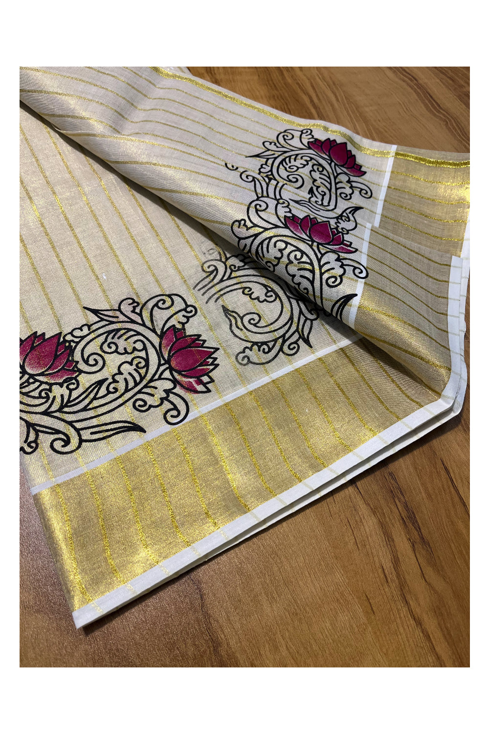 Kerala Tissue Single Set Mundu (Mundum Neriyathum) with Magenta Lotus Block Printed Design 2.80Mtr