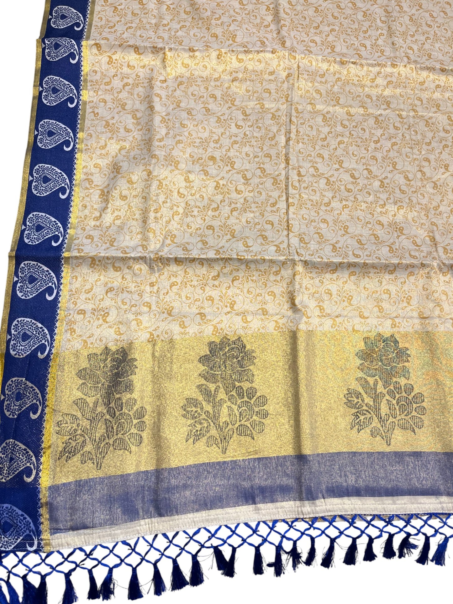 Southloom Kerala Tissue Kasavu Printed Saree with Blue Floral Embroidery Works and Tassels