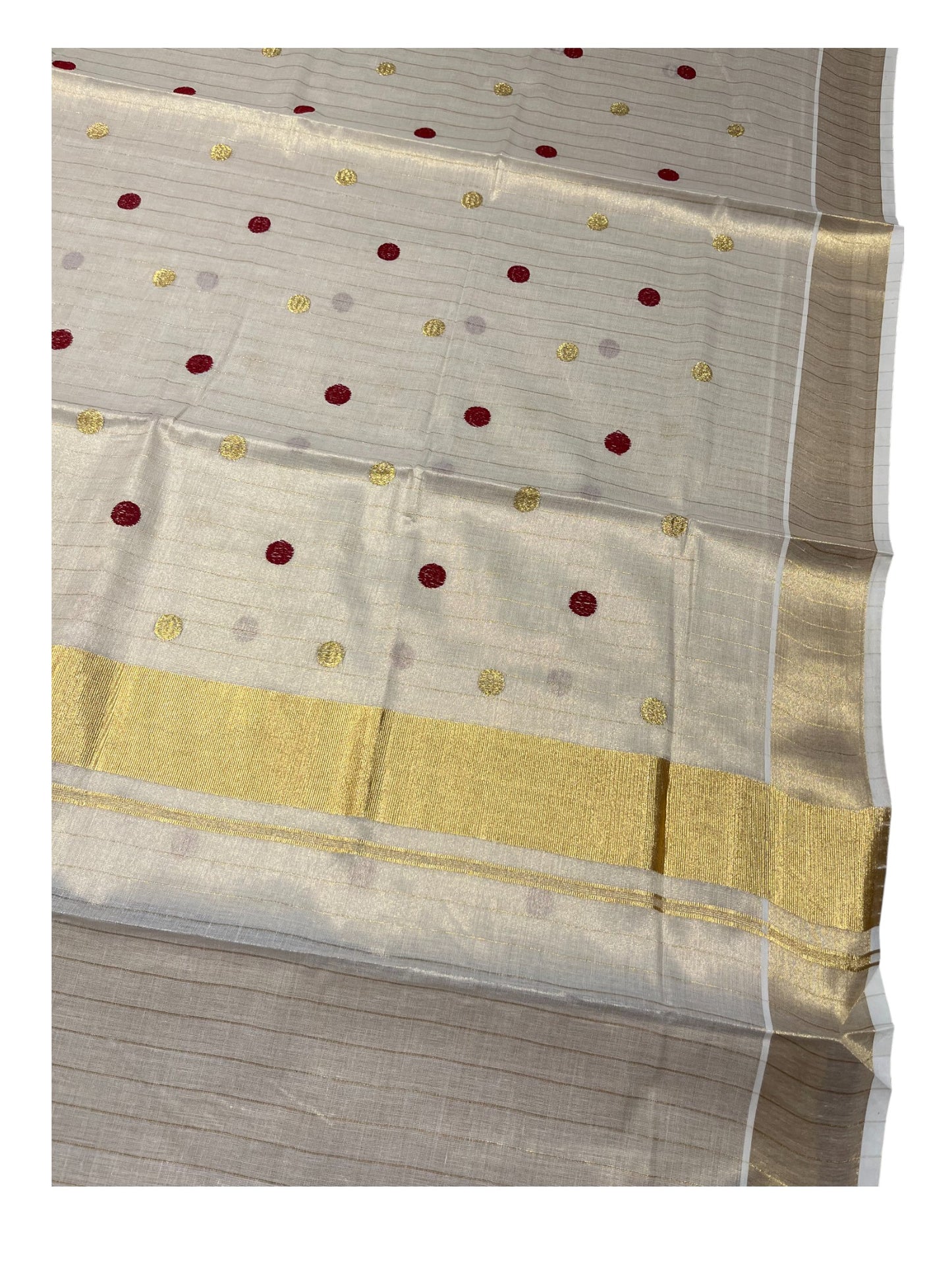 Southloom Kerala Tissue Kasavu Saree with Gold& Maroon Polka Embroidery Works on Body