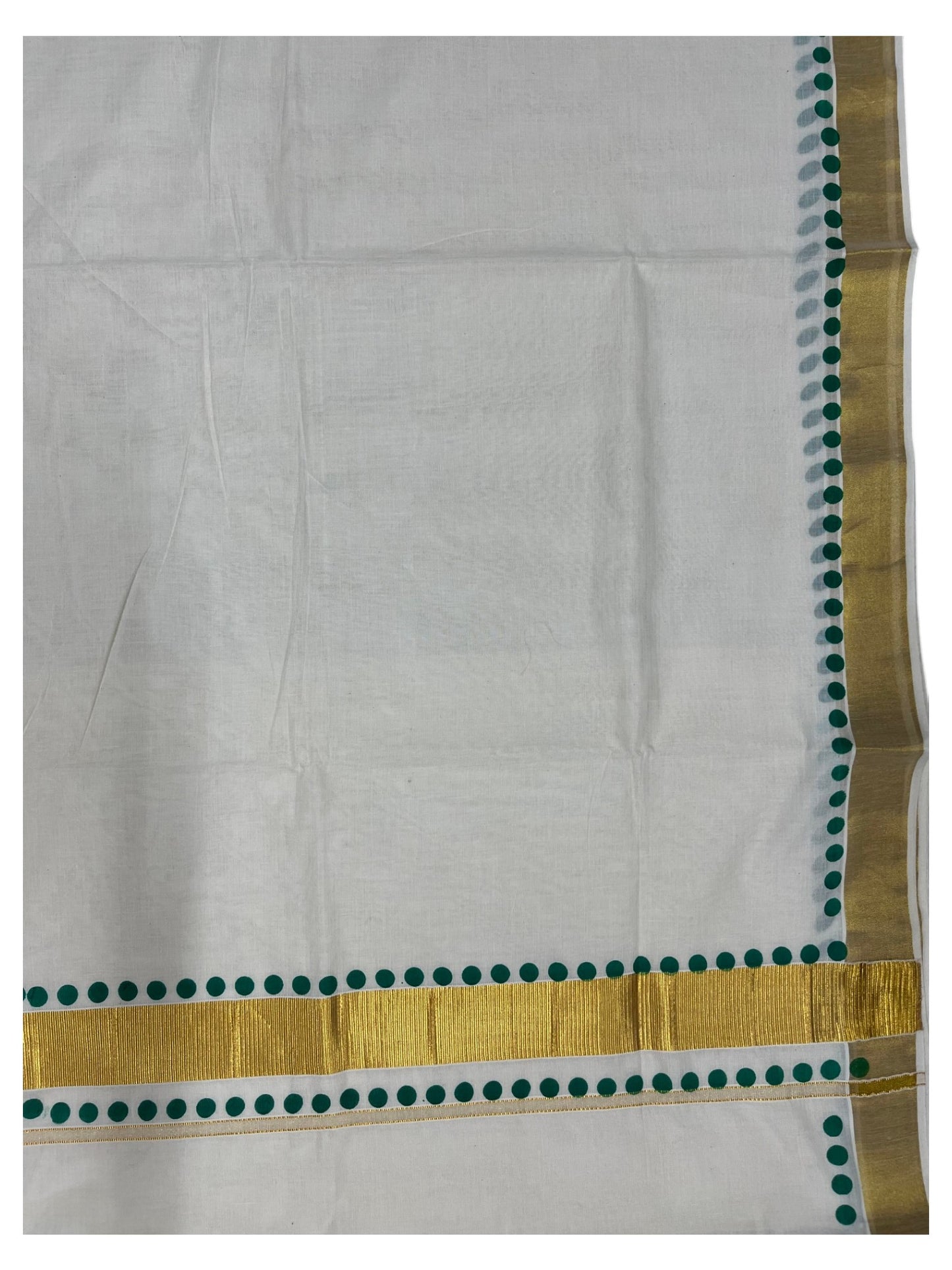 Southloom Cotton Kerala Kasavu Saree with Green Polk Dots Design Border