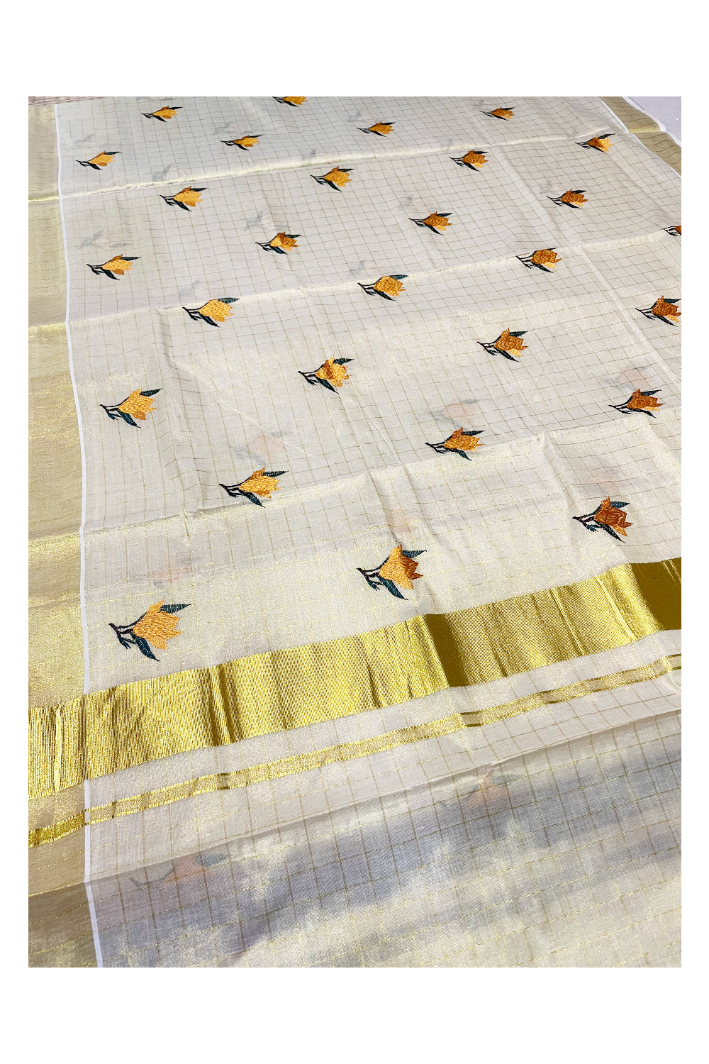 Southloom Kerala Tissue Kasavu Check Saree with Yellow Floral Embroidery Works on Body