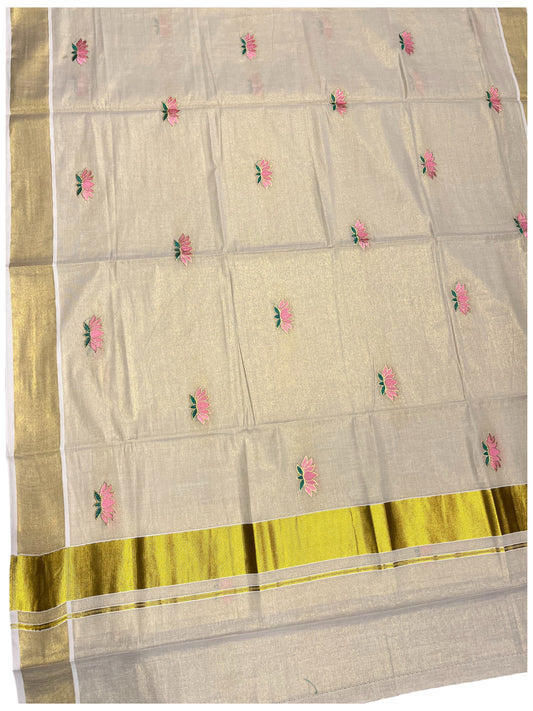 Southloom Lotus Pink and Green Embroidery Tissue Plain Kerala Saree