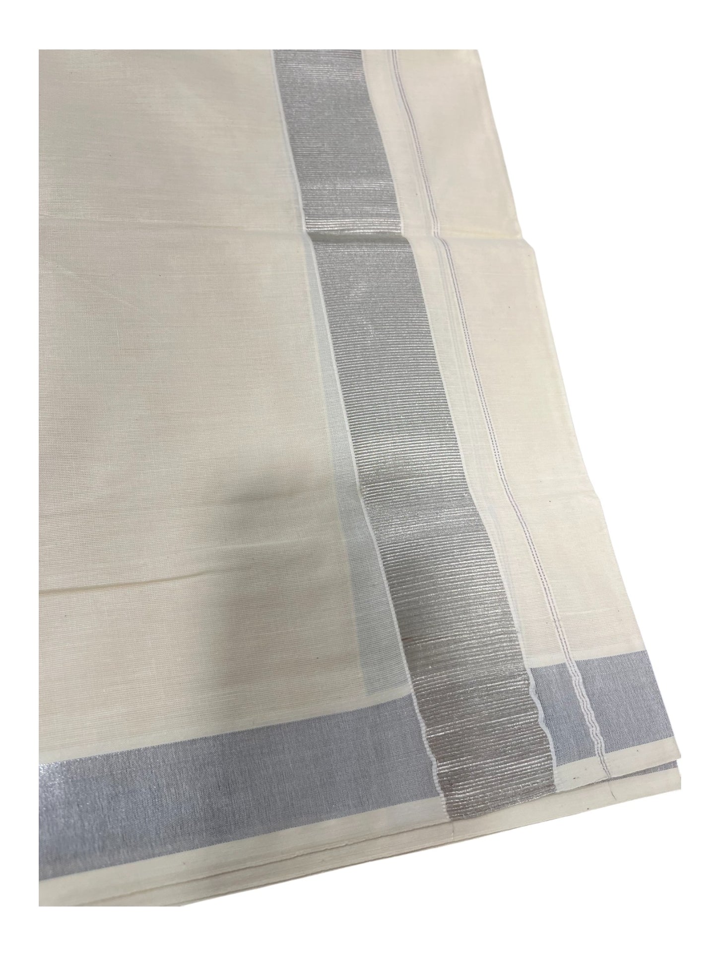 Southloom Pure Cotton Double Mundu With Silver Kasavu Border (South Indian Kerala Dhoti)