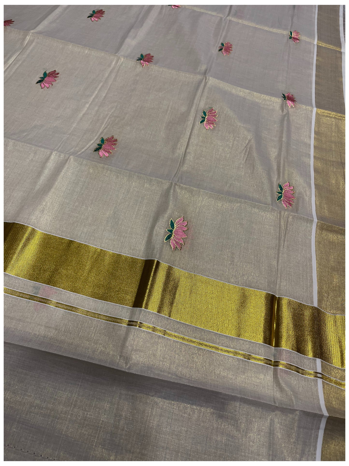Southloom Lotus Pink and Green Embroidery Tissue Plain Kerala Saree