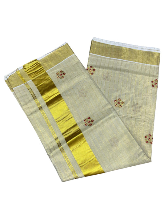 Southloom Kerala Tissue Kasavu Lines Saree with Pink Floral Embroidery Design on Body