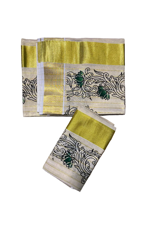 Kerala Tissue Single Set Mundu (Mundum Neriyathum) with Green Lotus Block Printed Design 2.80Mtr