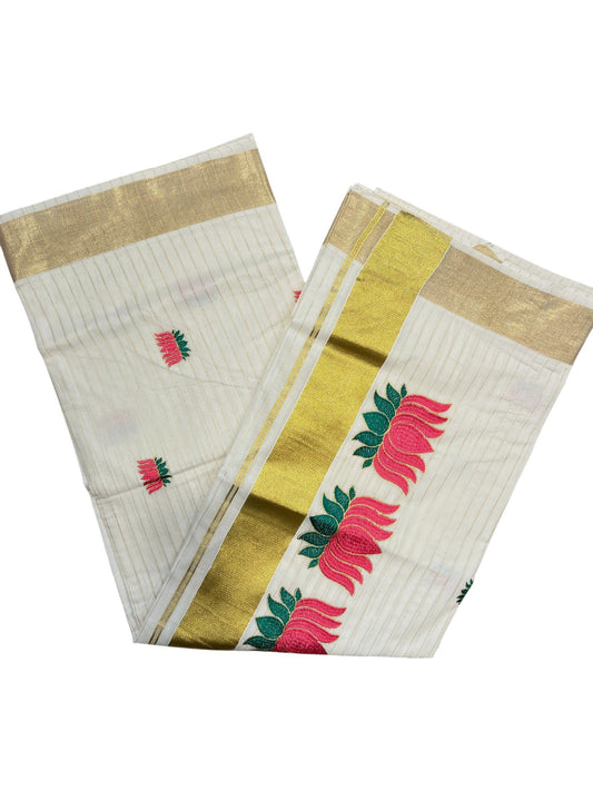 Southloom Kerala Cotton Kasavu Line Saree with Pink Lotus Embroidery Works