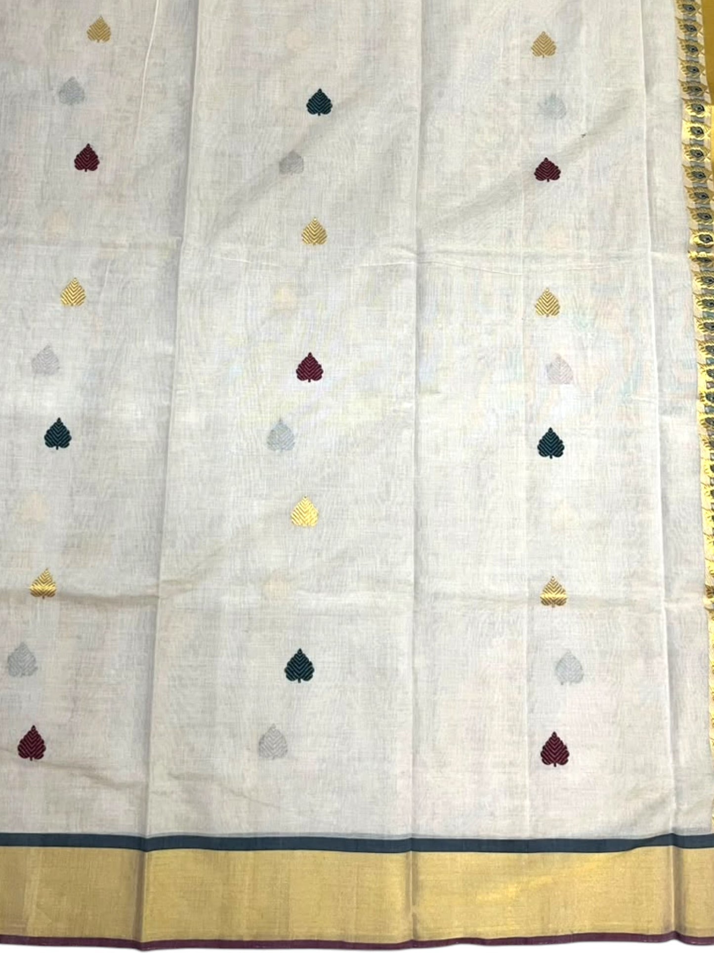 Southloom Premium Tissue Handloom Set Mundu with Green & Maroon Leaf Woven Desgin And Gold Kasavu Border (2.80 Mtr) SL632