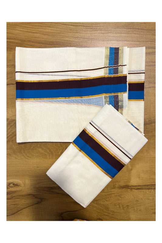 Kerala Cotton Kasavu Set Mundu (Mundum Neriyathum) with Brown and Blue Border in 2.80 Mtrs