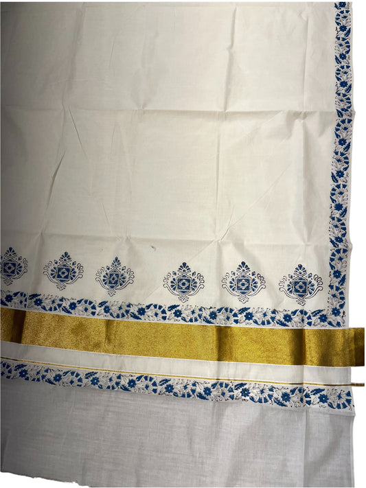 Southloom Cotton Kerala Kasavu Saree with Blue Block Prints On Border