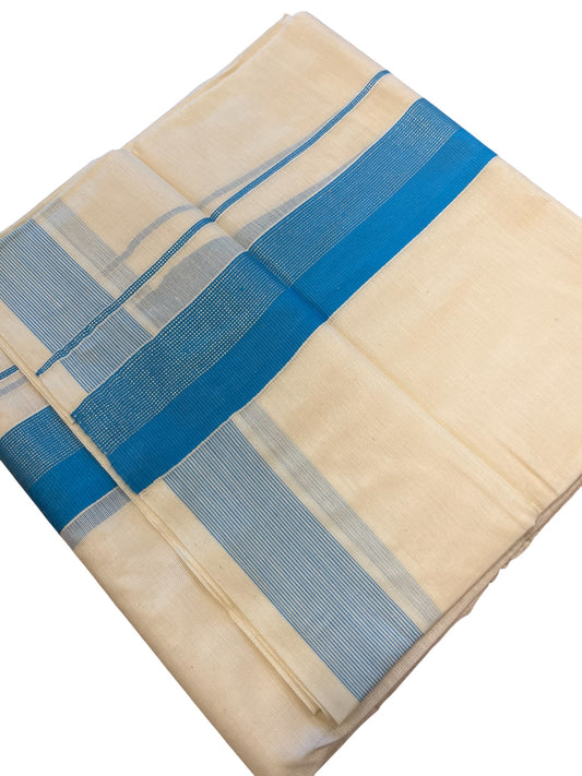 Southloom Kerala Pure Cotton Double Mundu with Silver Lines & Blue Border (South Indian Dhoti)