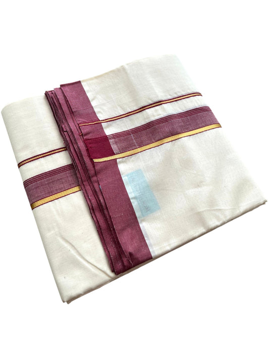 Southloom Pure Cotton Mundu with Golden Lines and Maroon Border (South Indian Kerala Dhoti)
