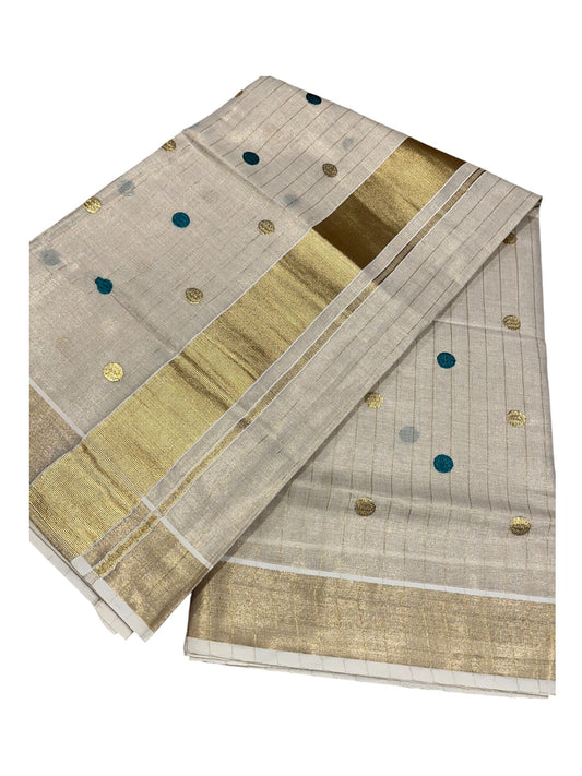 Southloom Kerala Tissue Kasavu Saree with Gold& Green Polka Embroidery Works on Body