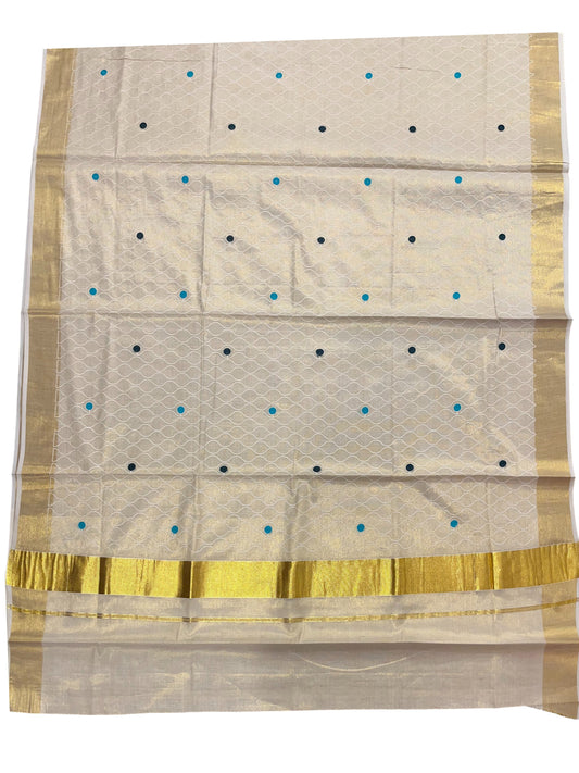 Kerala Tissue Kasavu Saree with Blue and Green Polka with Embroidery Works