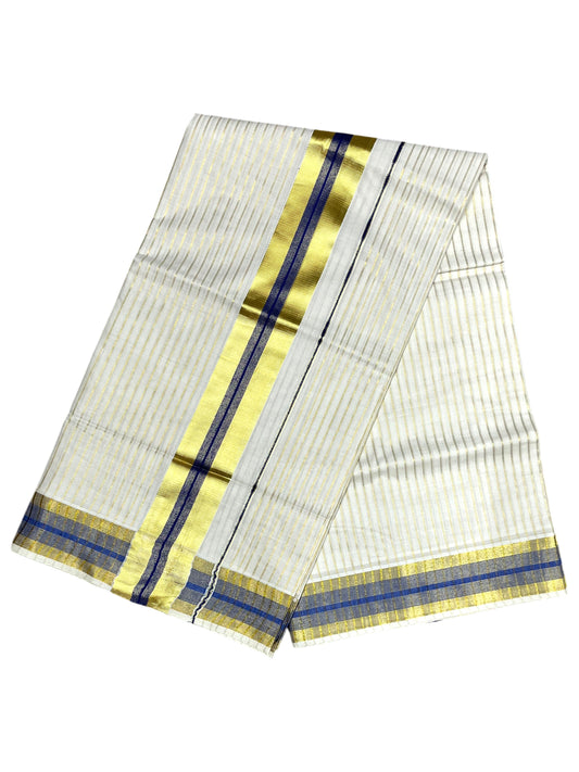 Southloom Pure Cotton Kerala Kasavu Lines Design Saree with Blue Border
