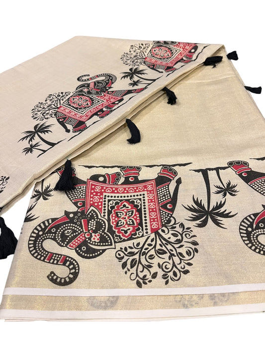 Southloom Kerala Tissue Kasavu Saree With Elephant Design on Borders