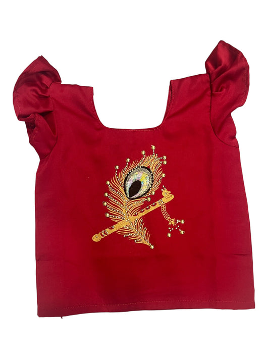Southloom Kerala And Red Tissue Kasave Pavada Blouse with Embroidery Work for Kids (Age 3)