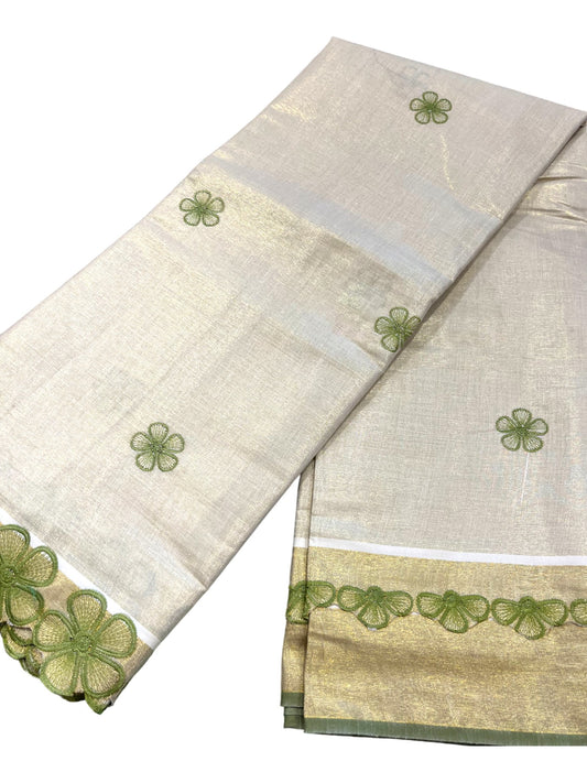 Southloom Kerala Tissue Kasavu Saree with Olive Green Floral Embroidery on Body and Border