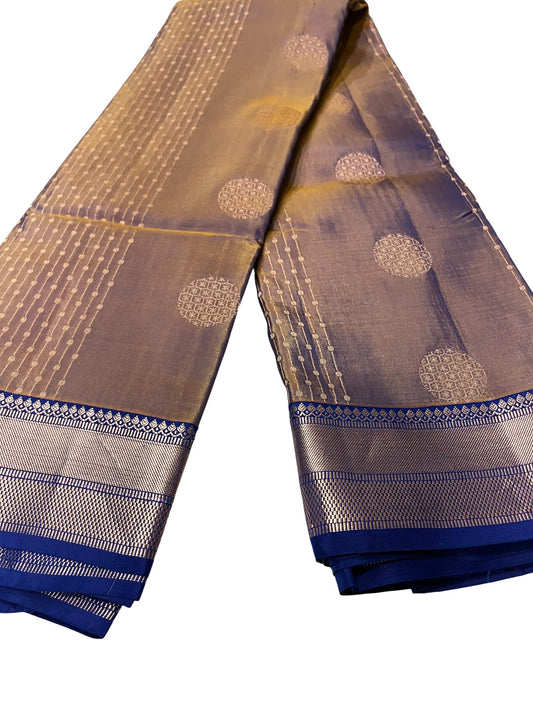 Southloom Pure Handloom Kanchipuram Silk Saree with Korvai Work (Golden & Blue)