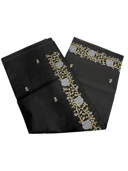 Southloom Cotton Saree with Floral Embroidery Works Across Body in Black