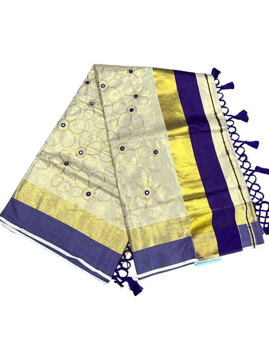 Kerala Tissue Kasavu Stripes Saree with Gold and Violet Floral Embroidery Design on Body