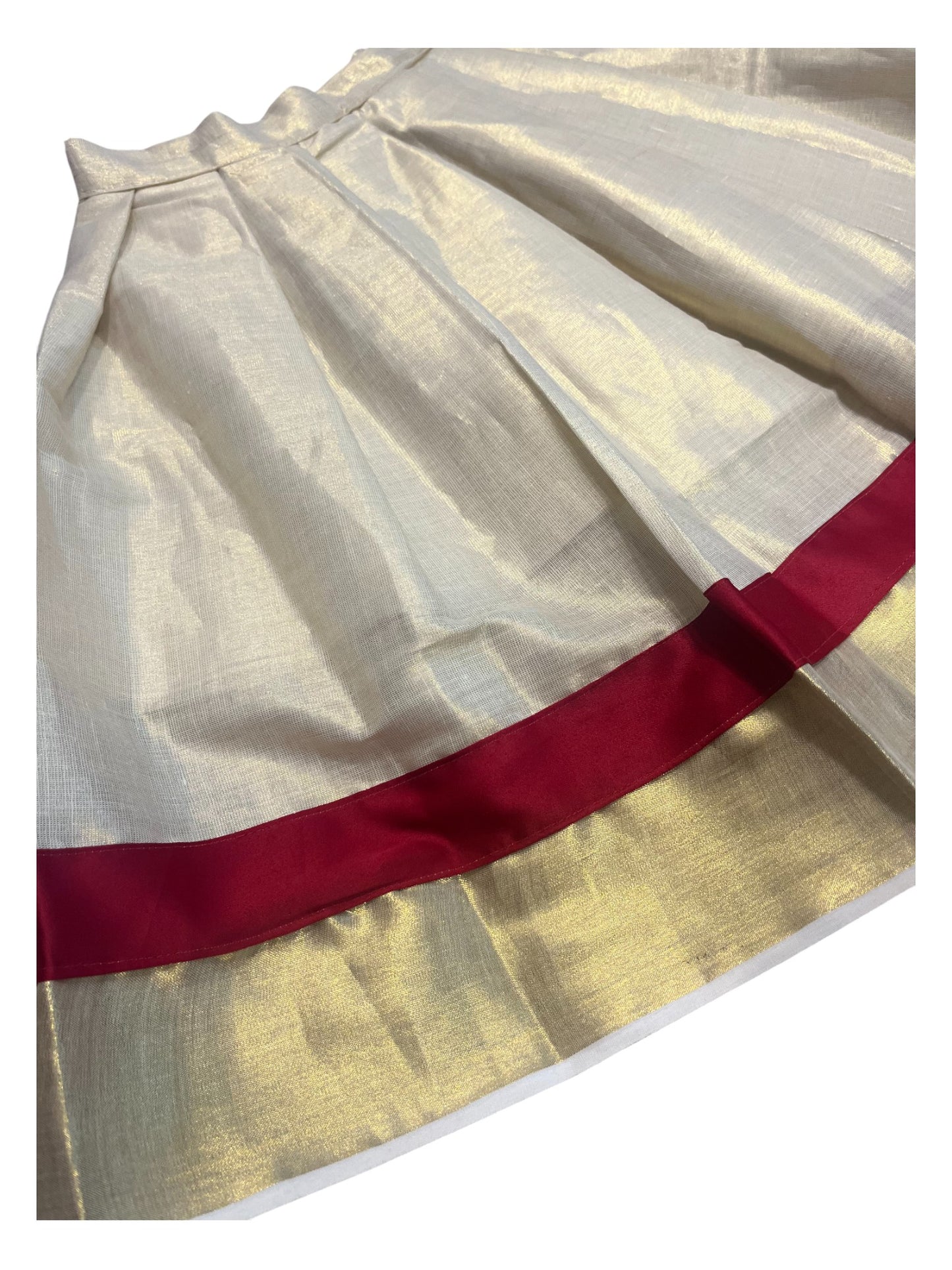 Southloom Kerala And Red Tissue Kasave Pavada Blouse with Embroidery Work for Kids (Age 3)