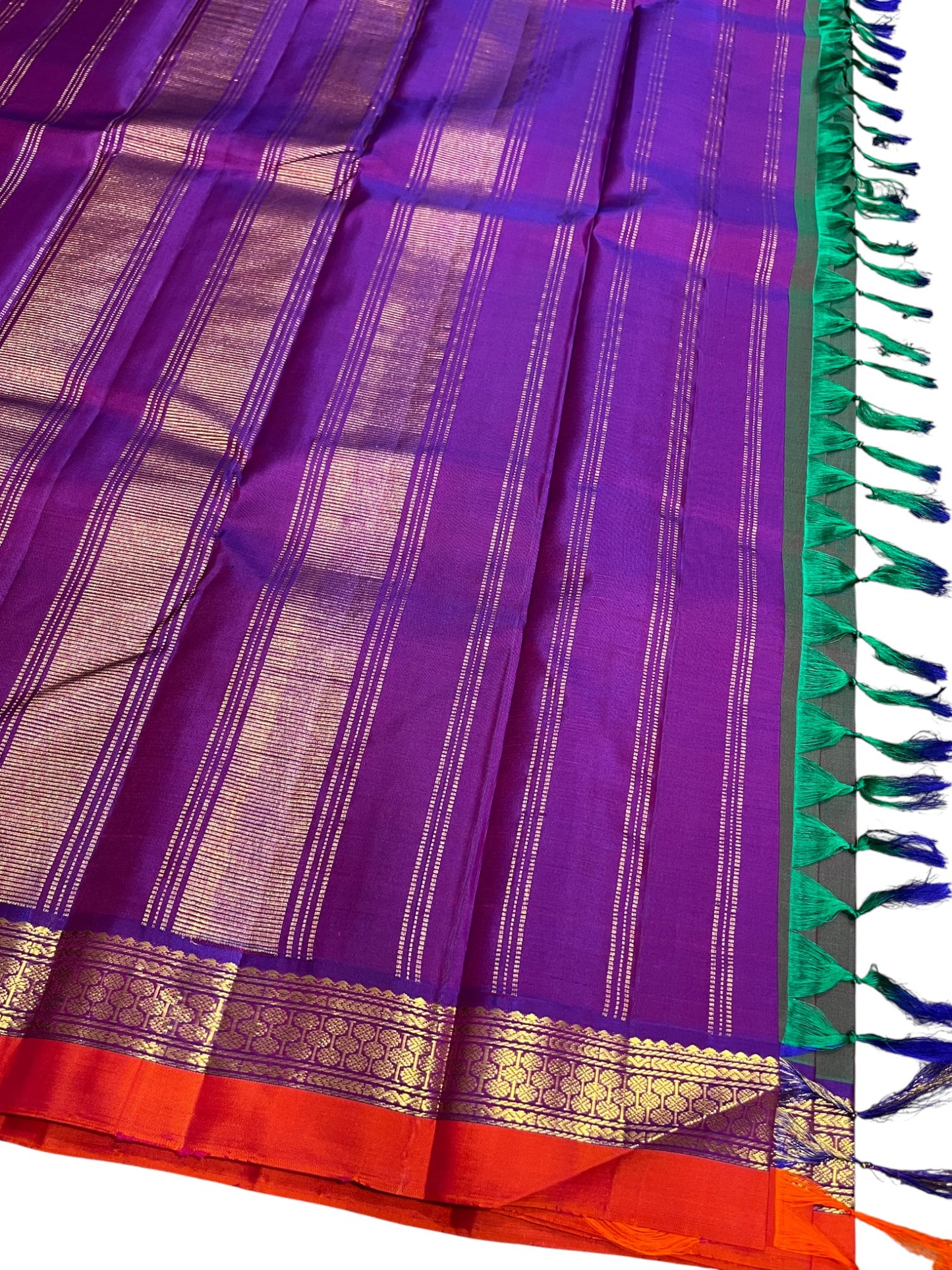 Southloom Pure Handloom Bridal Kanchipuram Silk Saree with Korvai Work (Green & Violet)