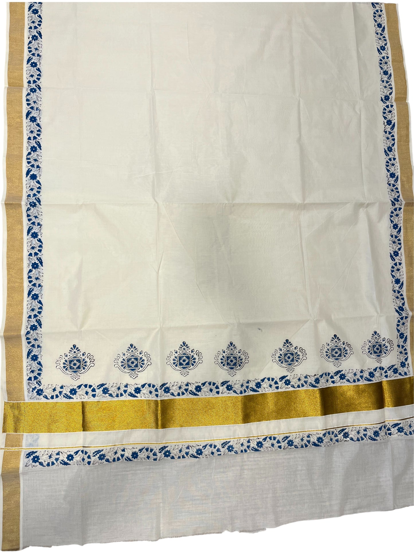 Southloom Cotton Kerala Kasavu Saree with Blue Block Prints On Border