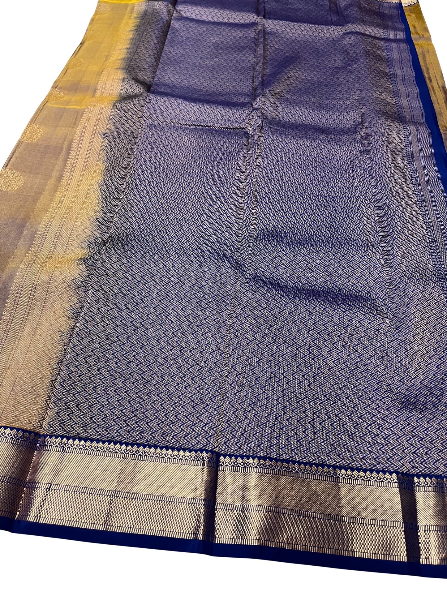Southloom Pure Handloom Kanchipuram Silk Saree with Korvai Work (Golden & Blue)