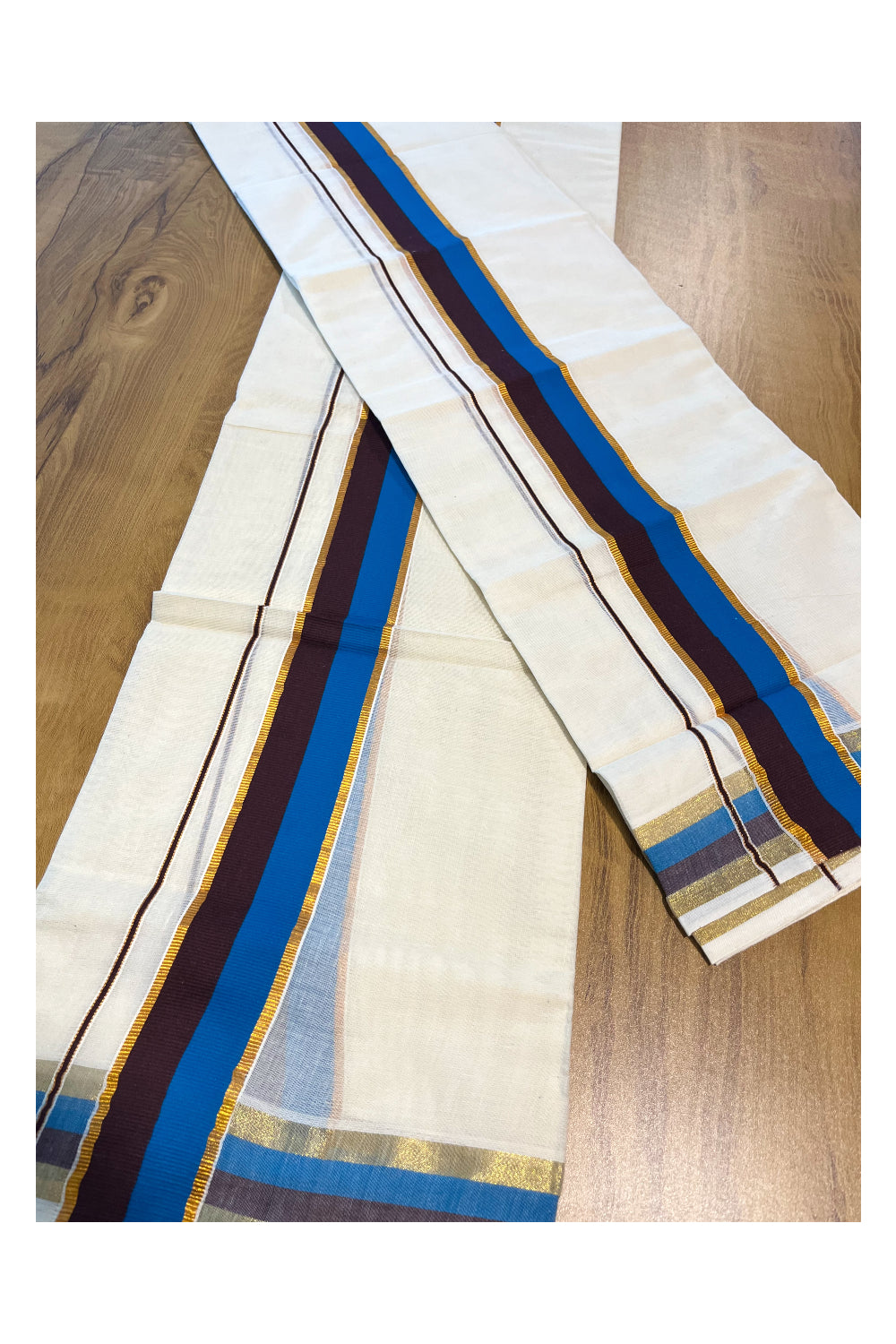 Kerala Cotton Kasavu Set Mundu (Mundum Neriyathum) with Brown and Blue Border in 2.80 Mtrs