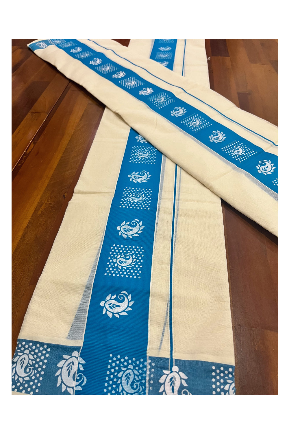 Kerala Cotton Single Set Mundu (Mundum Neriyathum) with Block Prints on Blue Border