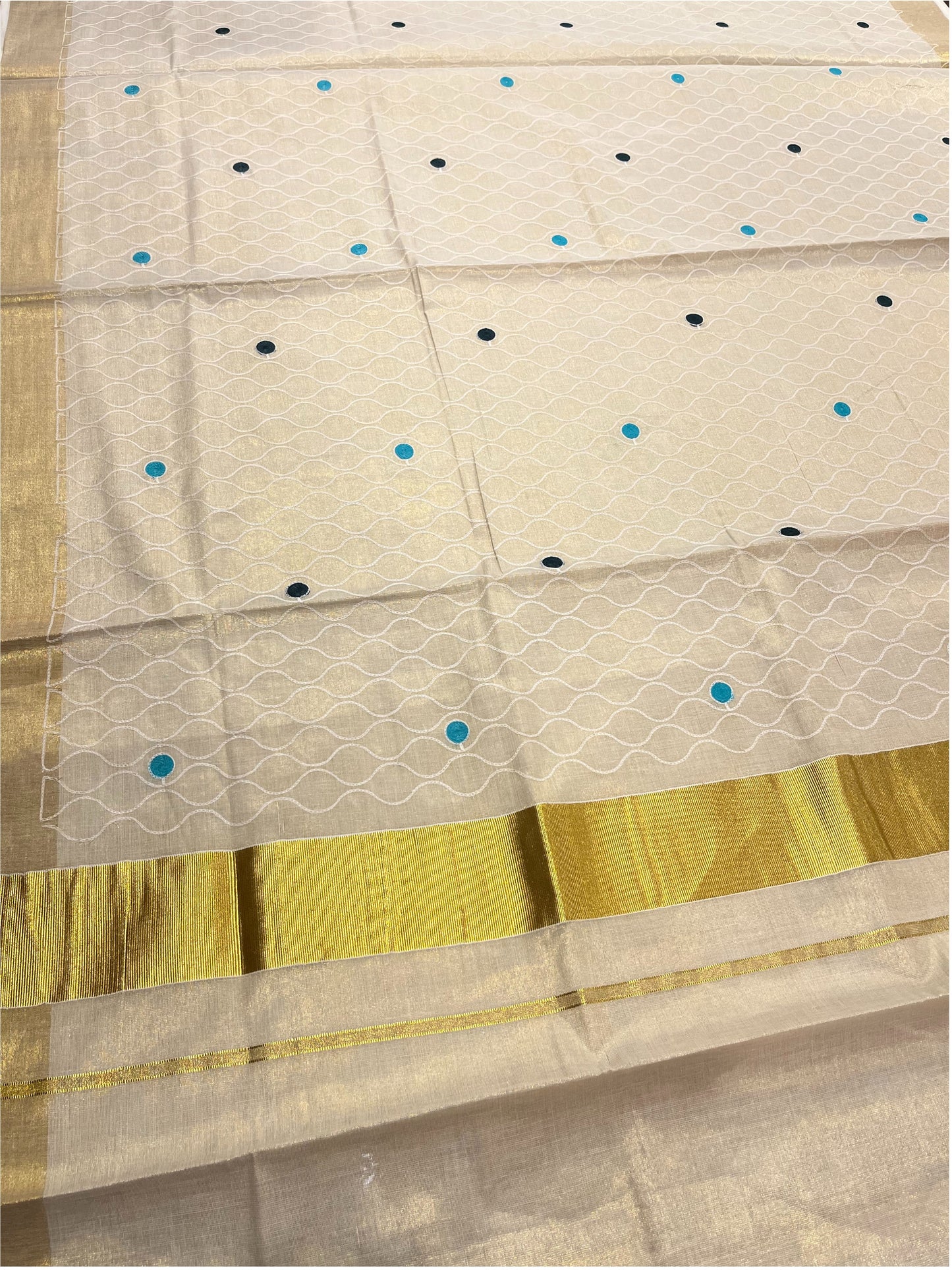 Kerala Tissue Kasavu Saree with Blue and Green Polka with Embroidery Works