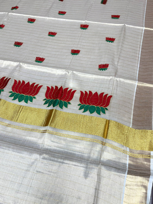 Southloom Kerala Tissue Lines Kasavu Saree with Red And Green Lotus Embroidery Works