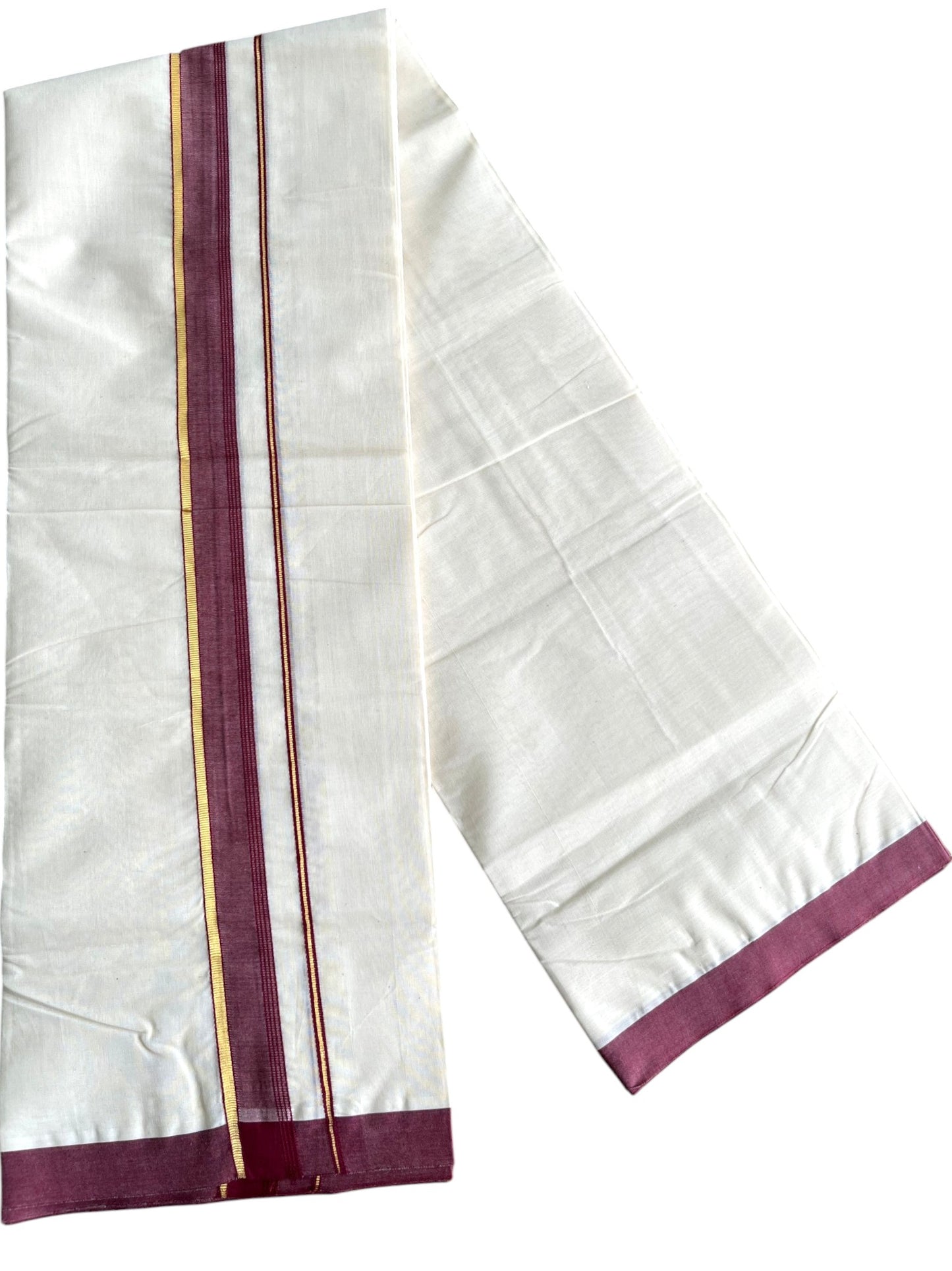 Southloom Pure Cotton Mundu with Golden Lines and Maroon Border (South Indian Kerala Dhoti)