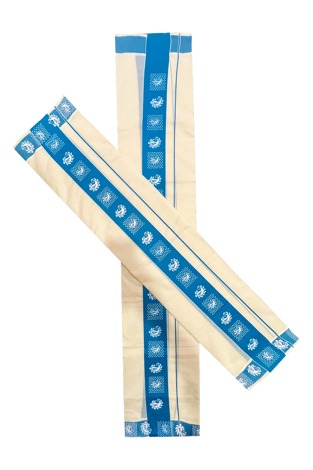 Kerala Cotton Single Set Mundu (Mundum Neriyathum) with Block Prints on Blue Border