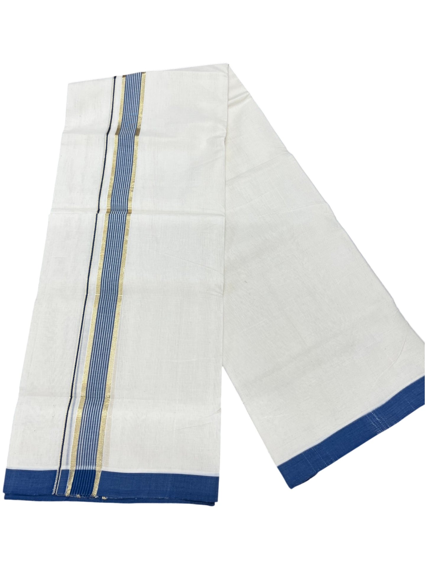 Southloom Balaramapuram Premium Handloom Cotton Double Mundu with Gold Kasavu and Blue Border