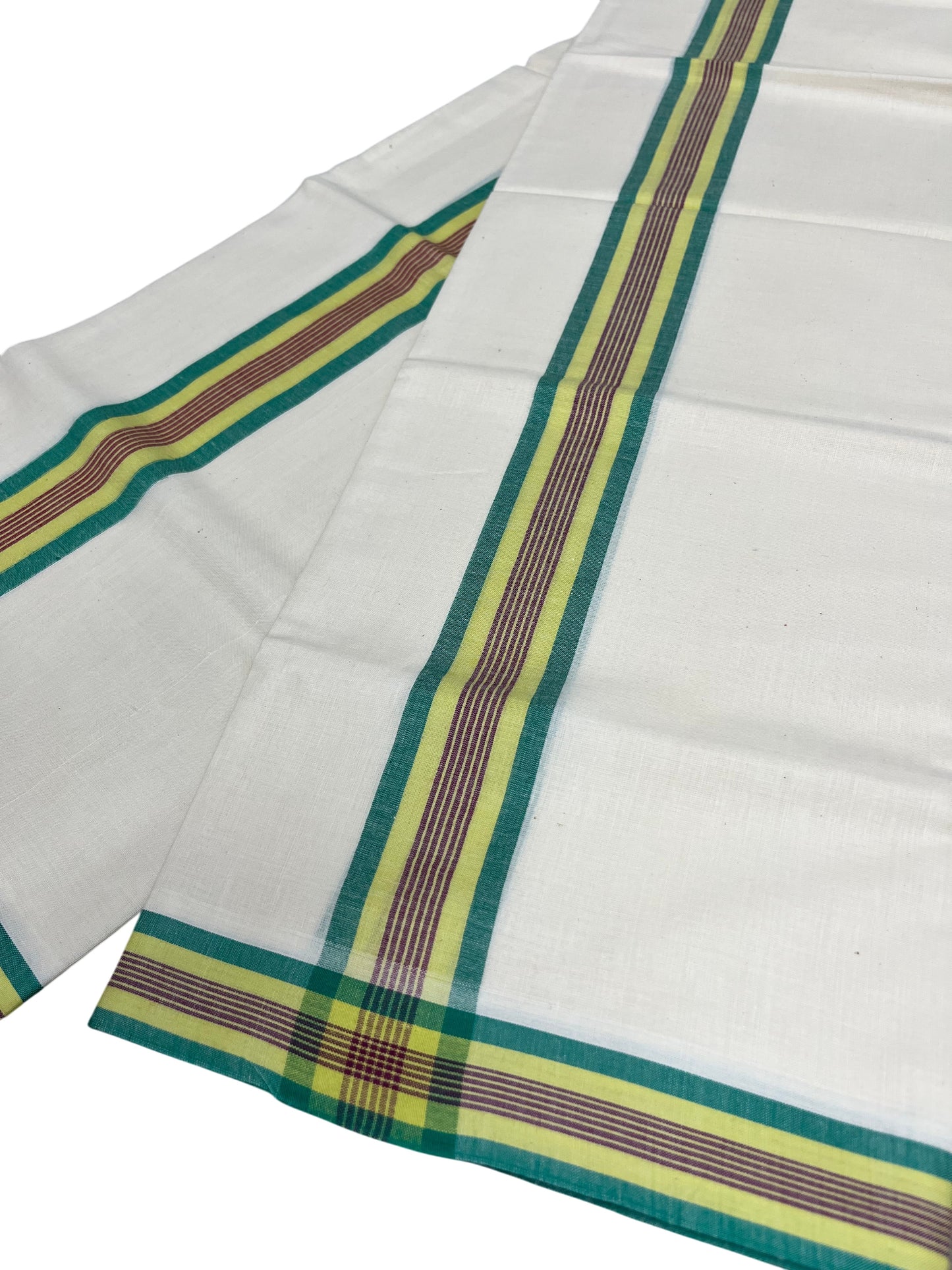 Southloom Kerala Mulloth Cotton Single Mundum Neriyathum with Green and Yellow Border SL243