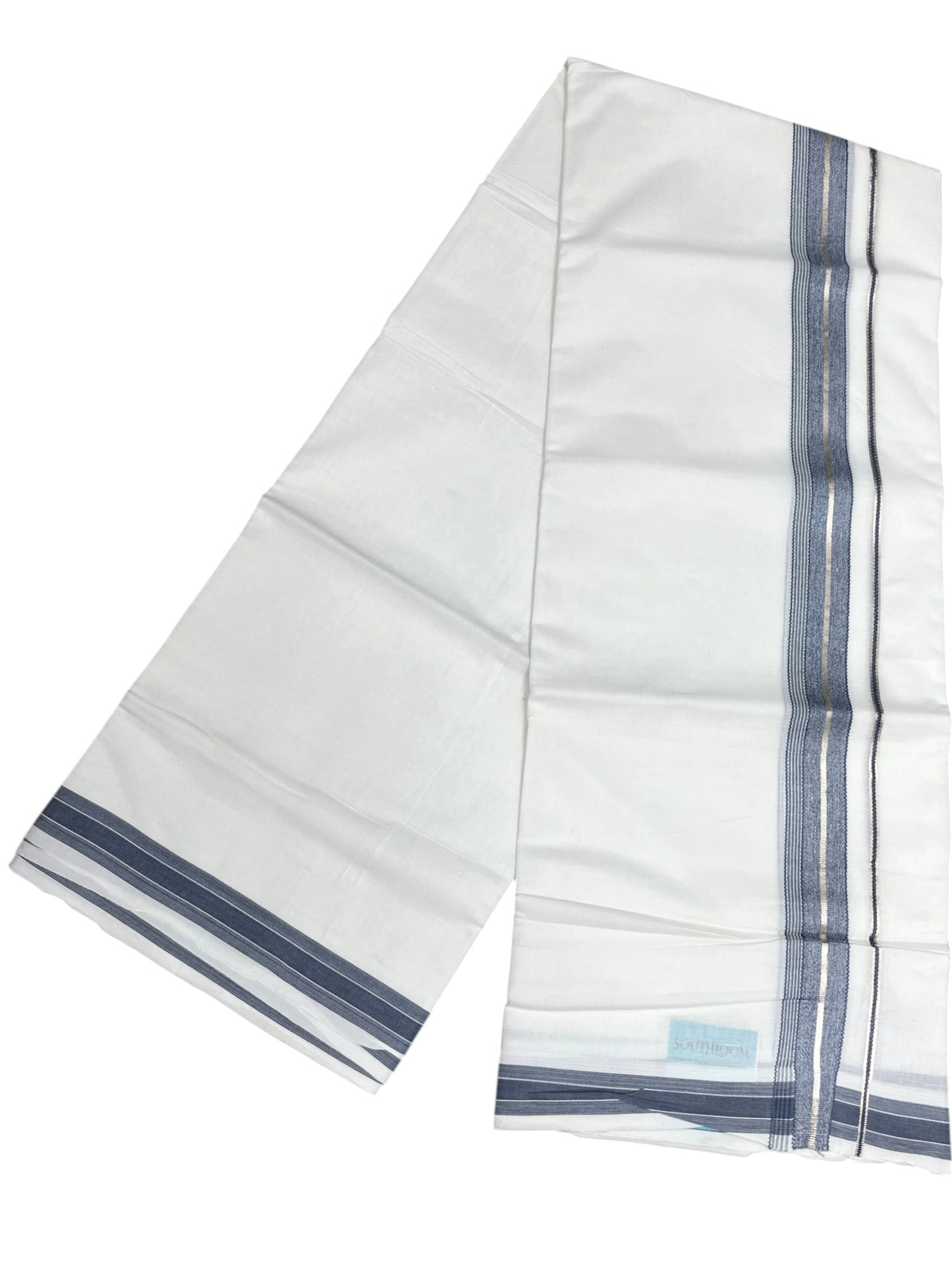 Southloom Kerala Pure White Cotton Double Mundu with Silver Line & Gray Border (South Indian Dhoti)